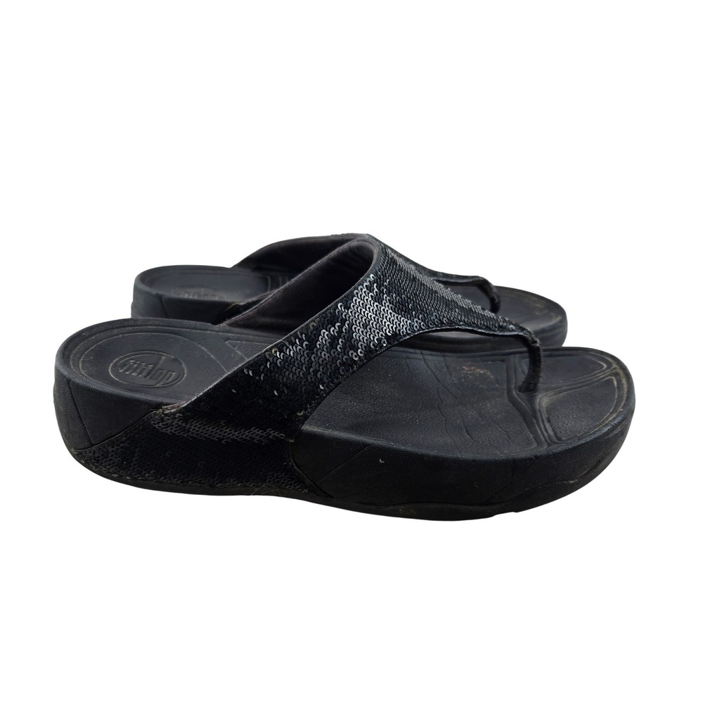 FitFlop Lulu Electra Black Sequin Wedge Thong Sandals Women US 8‎ 054-001